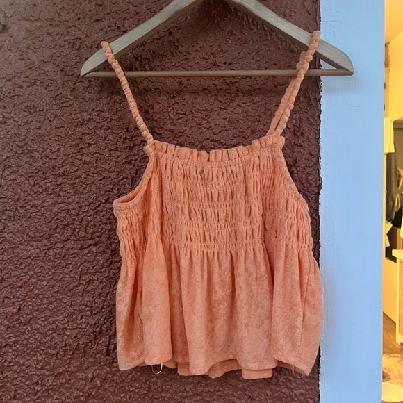SO Top Artsy Babydoll Terry Island Orange Groovy Crop Smocked Ruffle Women's XL - Picture 2 of 4